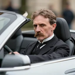 close - up photo of nikola tesla driving a convertible tesla car, photorealistic, ultra realistic, highly detailed, sharp focus, depth of field, journalism photography, colorized