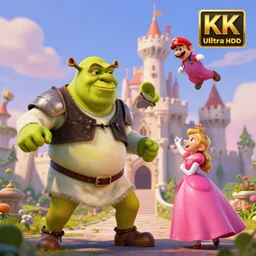 shrek in medieval armor throws!!!!!!!! mario!!!!!!! into princess's castle, ultra hd 4 k, art, artstation, global illumination, depth of field, matte painting, dnd, trending on artstation
