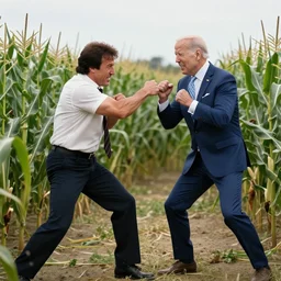 Sylvester Stallone punching joe biden in a corn maze, 4k realistic photo