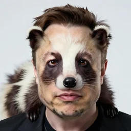 elon musk face made of skunk animal, closeup detailed, tesla car, studio photo