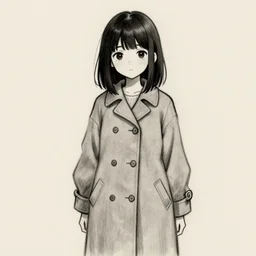A cute anime girl wearing a long coat, shoulder length straight black hair with bob cut, dark eyes, freckles, concept art, charcoal sketch, Huke, krenz cushart, trending on artstation