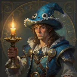 a mind - blowing portrait of a fortune seeker male, holding a candle holder, wearing a silly hat, aquatic clothing, intelligent, deep focus, d & d, fantasy, intricate, elegant, highly detailed, digital painting, artstation, concept art, matte, sharp, illustration, hearthstone, art by artgerm and greg rutkowski and alphonse mucha