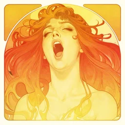 yellow, red color gradients that form a fluid, orgasmic scream, parametric design, alphonse mucha, claire dunwright, william turner, expressive, high - res, 8 k, concept art, octane render, trending on artsstation.
