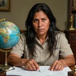 epic portrait of slightly muscular indigenous visionary sheila wattcloutier serious wearing shirt instructor uniform laser pointing blueprint, globe, court, detailed, artstation, concept art, donato giancola, joseph christian leyendecker, wlop, boris vallejo, stron eyes, highest resolution, extremely detailed beautiful, establishing shot, artistic, hyperrealistic, beautiful face, enhanced hands, octane render