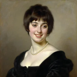 ! dream a bust portrait of a beautiful and young english noblewoman with short dark brown hair smiling with a beautiful black dress and pearl necklace, art by philip de laszlo, oil painting, 1 9 2 5, oil on canvas, smooth, highly detailed, sharp, beautiful face