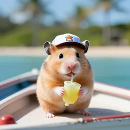 a hamster wearing a cap and holding a marini in a boat in Hawaii, dslr photo, bokeh, sunny day
