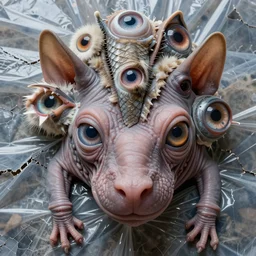 a high resolution photo of a head, grown together various animal eyes, amphibia hairless veins wrinkles morphing nature documentary, cracked plastic wrap, dolphin gills morph scales merged in fur skin, wrinkled muscles skin, veins merged feet head, displacement, distorted animal head face eyes arms tail 1 5 0