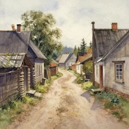 watercolor painting of rustic village street, mud, scandinavian mythology, ambient lighting and shadows, art by krenz cushart and wenjun lin