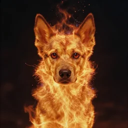 the fiery dog, with big eyes, centered, water caustics, film still from the movie directed by denis villeneuve and david cronenberg with art direction by h. r. giger and bernie wrightson