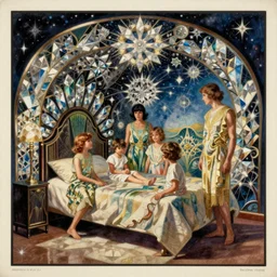 1920s art deco by Tito Corbella, a family enshrouded in celestial crystalline fractals of their own bedroom, figure art by Bob Peak and by Mark Tennant, vintage postcard