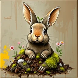 earth themed bunny rabbit with soil, moss, flowers sprouting as graffiti art on canvas, high detail, matte finish, trending on artstation, ghetto, masterpiece, sharp focus, centered, high quality paint