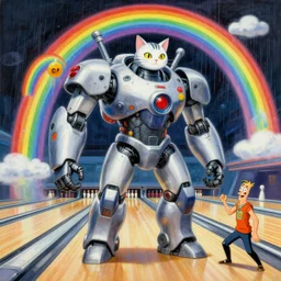 an epic painting of a cyber mecha catzilla, rainbows, bowling alley, by moebius and matt groening