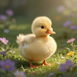 Cute duck in a field of flowers