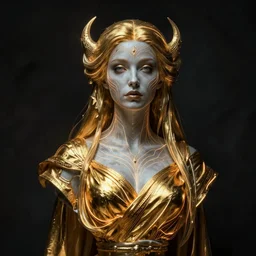 bust of a sorceress wearing skimpy gold robes, intricate concept art, skin, ethereal, enchanted, ominous, dramatic lighting, illuminated lines, dark background, 8 k, by ruan jia and krenz cushart and alphonse mucha