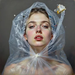 fine art portrait oil painting of a beautiful woman with garbage flying into her face, wearing a plastic garbage bag, perspective, ultra detailed, elegant, intricate, dynamic lighting, hyperrealism, sharp focus, art by peter mohrbacher and artgerm and andrei riabovitchev