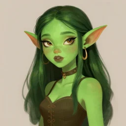 illustration of a beautiful goblin girl, green skin, digital concept art