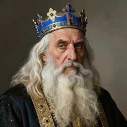portrait of a very very old, olive skinned king witha very long white beard and blue crown by leonid afremov