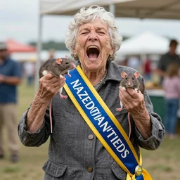 an elderly woman screaming, exhibiting a prize winning rat, state fair, winner, sash, bold natural colors, national geographic photography, masterpiece, 8 k, raw, unedited, symmetrical balance