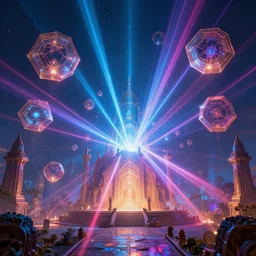 magical floating hexagons attacking a temple with laser beams, vibrant contrast, by sylvain sarrailh, rossdraws, ambient light, ultra detailed, fantasy artwork, 8 k, volumetric lighting, trending on artstation, award winning, beautiful scenery, very beautiful.