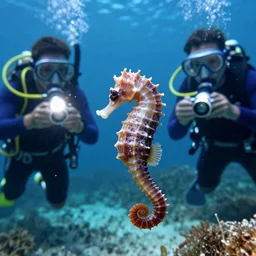 Photo of a little sea horse scared by three snorkel divers taking photos with flash of him, hyperrealism, dynamic lighting