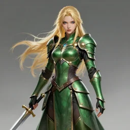 gender : female, race : human, clothes : green armor, weapon : long sword, special power : can tell when someone is lying, eye color : blue, hair color : long blonde hair, body type : slim, skin tone : pale, job : warrior, made by stanley artgerm lau, wlop, rossdraws, artstation, cgsociety, concept art, cgsociety, octane render, trending on artstation, artstationhd, artstationhq, unreal engine, 4 k, 8 k,