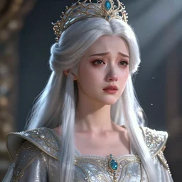 portrait of young royal princess with silver white hair, crying, intricate silk clothing, fantasy, headpiece, digital 2 d illustration, 4 k, highly detailed, octane renderer, artstation trending, cinematic lighting, reflections, god rays, particles, micro detail, style of dropdeadcoheed, vurdem, wlop, tom bagshaw