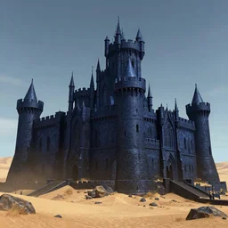 A digital concept art painting of a dark blue medieval european ghotic castle with black brick in desert, 4K UHD image, unreal engine