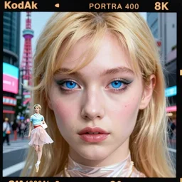Kodak Portra 400,8K,highly detailed: beautiful three point perspective extreme closeup portrait photo in style of 2000s H.G Giger frontiers in cosplay H.G Giger retrofuturism tokyo seinen manga street photography fashion edition, tilt shift zaha hadid style H.G Giger tokyo background, highly detailed, focus on model;vaporwave ;blonde hair;blue eyes;pointé pose, clear eyes, soft lighting