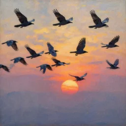 a painting of a beautiful flock of crows flying at sunset, trending on artstation, masterpiece, in the style of Claude Monet