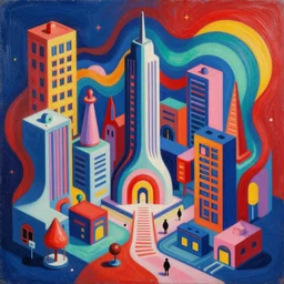 an extremely high quality hd surrealism painting of a 3d perspective neon complimentary-colors cartoon surrealism melting optical illusion sculpture gallery zaha hadid city by a much more skilled version of kandinskypicasso and salvia dali the fourth, salvador dali's much much much much more talented painter cousin, 8k, ultra realistic, very realistic, photorealistic