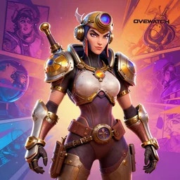 avatar portrait of overwatch main character steampunk paint concept Blizzard pixar maya engine on stylized background splash comics global illumination lighting artstation