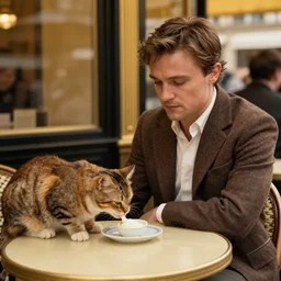 ewan mcgregor is sitting at table in a cafe at paris in early 2 0 th century. next to him is a brown cat licking milk from little saucer, atmospheric feeling, warm colours, brown colours, yellow colours, epic scene, cinematic, very detailed