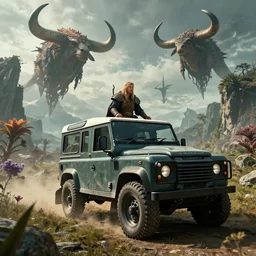 Land Rover Defender 110 (1985), an epic fantasy, dramatic lighting, cinematic, establishing shot, extremely high detail, photorealistic, cinematic lighting, artstation, by simon stalenhag, The Elder Scrolls III: Morrowind, the Nerevarine drives across Morrowind, strange flora, strange fauna, Bull Netch floating around, Morrowind fauna prominent across the landscape