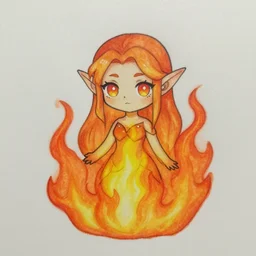 A cute female tiefling made of translucent fire, handdrawn, fan art