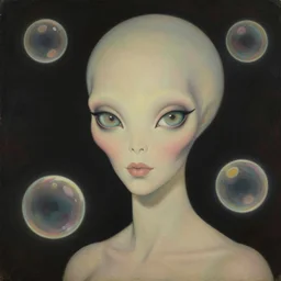 portrait painting of a beautiful alien woman with big eyes, by norman rockwell. floating glowing bubbles. muted colors, soft gradients. dark background. trending on artstation. retrofuturism.