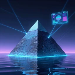 synthwave, retrowave, vaporwave picture of a pyramid in the water, lasers, a hologram by mor than, contest winner, computer art, 8 0 s nostalgia