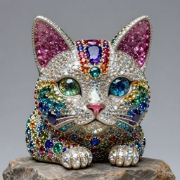 super cute cat statue made of individual rainbow gems, getty museum, gem face, on rock, gemstone nose, portrait, made of large rainbow gems, huge ornate gemstones, ruby sapphire emerald opal onyx, artgerm, realistic, roger deakins, annie liebovitz, greg rutkowski, jewelry hamster