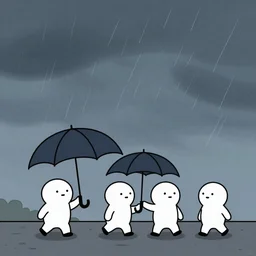 Storm, several people hold the umbrella so that it does not fly away, cartoon, 2D