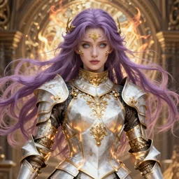 sexy ana de armas beautiful and victorian and holy and divine and elite young medieval female white armor knight portrait +shiny eyes+front face with long flowing hair, lilac hair, ultradetail face, gold filigree, body covered in fire, art and illustration by tian zi and craig mullins and WLOP and alphonse mucha, fantasy, sci-fi, intricate complexity, human structure, human anatomy, fantasy character concept, blurry, hyperrealism 8k, warm golden backlit