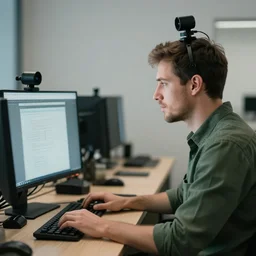 caucasian man with green shirt sitting in front of computer with webcam!! mounted on top