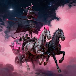 space, a two horse - drawn, a mechanical 2 horse with a pink mohawk drives a pirate spaceship, punk, hyperdetailed illustration, stars, pink, neon, oil painting, rich deep colors masterpiece, pirate neon ship, ultra detailed, contrast, heaven pink, clouds, volumetric light, atmospheric lighting, dramatic, cinematic, moody, octane render 4 k, 8 k