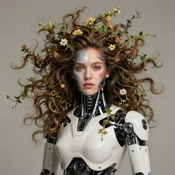 a beautiful intricate fine art portrait of jessica henwick as a cyborg with cybernetic implants, half face painted with face paint, epic hair spread out around her merging with flowery vines, white mechanical industrial robot body, studio lighting, golden ratio composition, deep depth of field, 3 5 mm lens, behance, 8 k, by natalie shau and ed binkley, masterpiece!