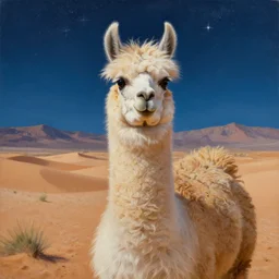 highly detailed oil painting of a llama with dreadlocks in a scenic desert with starfall in the night sky, hyperrealistic Illustration