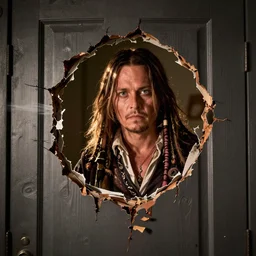 Johnny Depp as Jack Torrance in Shining looking through the hole in the broken door