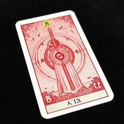 tarot card on black paper of intricate red illustration of runes