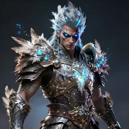 a warrior wearing an armor made of feathers and energy, scars on face, volumetric lighting, scary eyes, digital art,