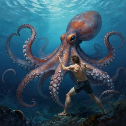 a dream fantasy painting of a a man fighting a giant octopus in the deep of the ocean, by beksinki, giger, greg rutkowski, carne griffith trending on artstation, deviantart, photorealism