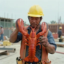 film still of a lobster wearing a hard hat working as a construction worker, 8 k
