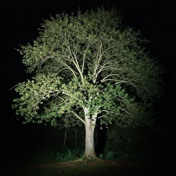 photo of a tree on a forest landscape, harsh flash,