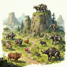 Highly Detailed digital illustration about the beauty of nature in a stonepunk world where all animals have been replaced by mechanical beasts. Trending on Artstation